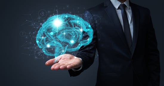 Businessman holding human brain on his hand with logistics symbols around